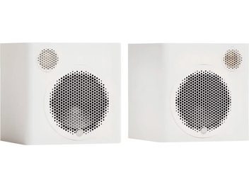 Paire d’enceintes hi-fi compactes Monitor Audio Radius 1 4G blanc satin, vue de face avec grille perforée blanche