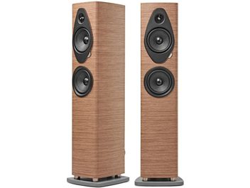 Sonus Faber Sonetto III G2 valriekstkoka grīdas skaļruņu pāris, skats no priekšpuses ar melniem skaļruņiem un pelēkiem pamatņiem