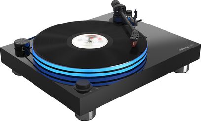 Hi-fi pladespiller Reloop TURN 7 i sort lak set ovenfra, sort pladetallerken, tonearm med pickup