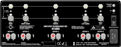 Multikanal effektforstærker ATI AT4005 sort, 5 udgange, 4 indgange, volumenkontroller, LED-indikatorer, XLR-stik
