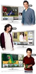 Televizor Panasonic TX-P50VT60E zobrazující sportovní záznamy, kreslené filmy a aplikace, se třemi usmívajícími se osobami