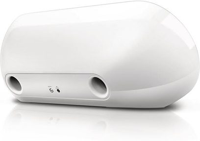 Philips DS8500 hvid multimediehøjttaler, set forfra, oval afrundet form, to synlige højttalere foran