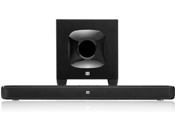 Černý soundbar JBL SB 400 zepředu, s krychlovým subwooferem a integrovaným kulatým centrálním reproduktorem