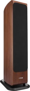 Canton Vento 101 floorstanding speaker in walnut, three-quarter view, walnut finish with black front grille