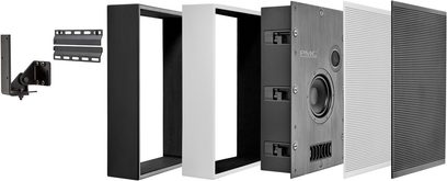 Zápustné stěnové reproduktory PMC Ci45 v černé a bílé barvě, pohled zepředu, s mřížkami, reproduktory a konektory