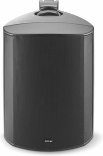 Sort cylindrisk Focal 100 OD6 udendørs højttaler, metalgitter, mørkegrå base, 30 cm høj