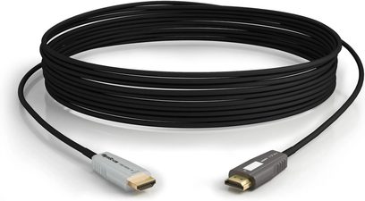 Wyrestorm CAB-HAOC-10 sort HDMI-kabel, med sølvfarvede stik i enderne, oprullet i spiral på hvid baggrund, set ovenfra