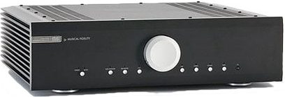 Stereohøjttaler-forstærker Musical Fidelity M6i sort, set forfra, med drejekontroller og stik på frontpanelet, stor central volumenkontrol