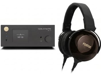 Amplificatore per cuffie Gold Note HP-10 nero con cuffie cablate Fostex a padiglioni marrone scuro