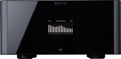 Amplificator de putere high-fidelity Michi M8 negru, vedere frontală, ecran central afișând un spectru de frecvențe