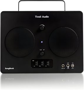 Bærbar sort Tivoli SongBook Bluetooth-højttaler, plastikhus, to metalgitter, EQ-skybere, forfra set