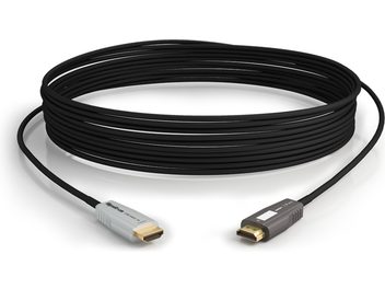 Must HDMI-kaabel Wyrestorm CAB-HAOC-50-C, eestvaade, keerdus spiraalina, hõbedased HDMI-pistikud otstes