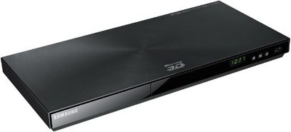 Samsung BD-E6100 sort 4K Blu-ray-afspiller, set forfra, aflang rektangulær form, blank front, knapper og indikatorer