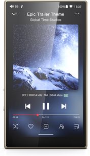 FiiO M21 titanium audiophile player, rectangular metal titanium case with large illuminated touchscreen and thin borders, front view