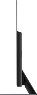 Panasonic TX-65GZ1000E fladskærms-TV, set fra siden, flad skærm, smal sort ramme, rektangulært sort fod