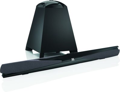 JBL SB 300 sort soundbar, set forfra, med rektangulært sort basrør placeret oven på soundbaren