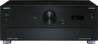 Integrierter Stereo-Hi-Fi-Verstärker Onkyo A-9000R schwarz, Frontseite mit Tasten, Drehregler, Display, Kopfhörerbuchse und Direkteingang