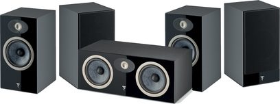 Pakke med 5 sorte Focal Pack Theva N°1 reolhøjttalere, 3 vertikale og 2 horisontale, træ-kabinetter, højttalere med grå ringe