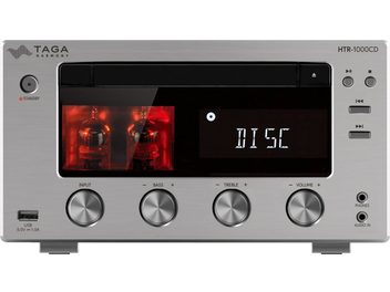 Partea frontală a unui sistem compact hi-fi Taga Harmony HTR-1000CD V.3 argintiu, cu ecran, butoane și porturi