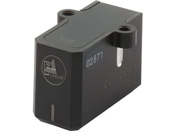 Testina per giradischi hi-fi ClearAudio Concept MC, vista in prospettiva, corpo rettangolare nero, 2 fori superiori, iscrizioni visibili