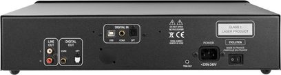 Atoll Electronique CD50 Evolution yüksek sadakatli CD çalar, arka görünüm, RCA ses bağlantıları, koaksiyel, optik, USB, güç kaynağı, anahtar, dairesel ayaklar