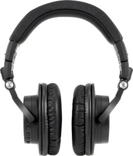 Bezdrátové Bluetooth sluchátka ATH-M50xBT2, pohled zepředu, černý polstrovaný náhlavní pásek, kulaté černé náušníky, označení L a R