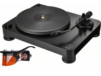Melns Audio-Technica vinila atskaņotājs ar S veida sviru un Ortofon kasetni ar oranžu adatu