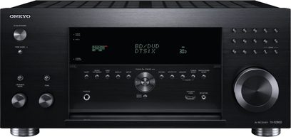 Onkyo TX-RZ800 sort hjemmebiografsforstærker, set forfra, blåt display, sølvfarvede knapper og drejeknapper, 2 hovedtelefonstik foran