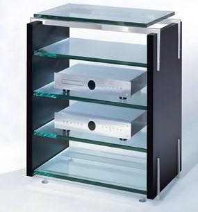 Hi-Fi nábytek Schroers & Schroers Charisma Audio černý a sklo, 3 police, pro 2 audio zařízení, pohled zepředu