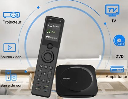 Mando a distancia y dispositivo multimedia negro con pantalla a color, compatibles con TV, proyector, barra de sonido y DVD