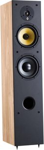 Sloupcový reproduktor Davis Acoustics Ariane 5, skříňka ze světlého dubového dřeva, výškový reproduktor, žlutý středový reproduktor, basový reproduktor a basreflex, pohled z boku