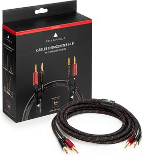 Triangle Red hi-fi speaker cable, black and red braided sleeve, gold-plated banana plugs in front of the box