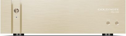 Separat HI-FI-strømforsyning Gold Note PSU-1000, guldfinish, front i børstet aluminium med blå LED og to knapper