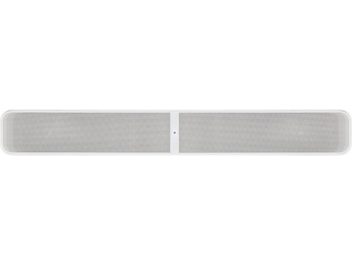 BlueSound PULSE SOUNDBAR white rectangular soundbar, perforated metal grille, front and top view