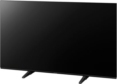 Panasonic TX-48JZ1000E fladskærms-TV, rektangulær sort skærm, set forfra, stående på to sorte fødder