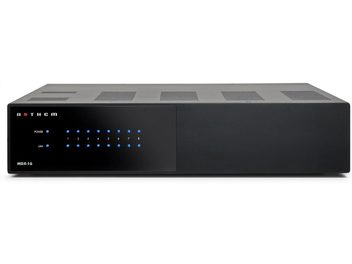 Anthem MDX-16 black power amplifier, front view, 8 channels, 2 rows of blue LEDs, matte black rectangular front panel