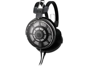 Ανοικτά ενσύρματα ακουστικά Audio Technica ATH-ADX7000 σε μαύρο, μέταλλο και ύφασμα, με κυψελοειδή γρίλια, διπλό στήριγμα κεφαλής, τρισδιάστατη λήψη τριών τετάρτων