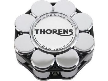Прес-диск для проігрового верстата Thorens, хромований стабілізатор, вид зверху, центральна кругла поверхня з чорним текстом, контури складаються з кількох блискучих циліндричних елементів, з'єднаних чорною структурою