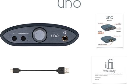 Аудіоперетворювач DAC iFi Audio Uno чорного кольору, вид зверху та спереду, з роз'ємами та схемою роботи