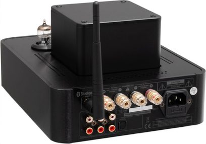 Taga Harmony HTA-700B v.3 sort, integreret stereo rørforstærker, sort lakeret finish, bagsidevisning, synlig elektronrør, lodret antenne, røde og hvide RCA-stik, guldbelagte højttalerterminaler, netstik, rektangulær central blok