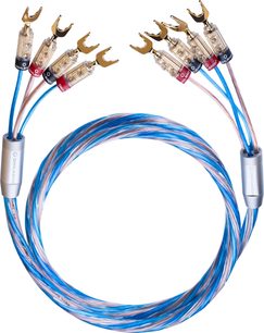 Kabel reproduktorů Oehlbach Bi-Tech 4.4 L průhledný modro-měděný v PVC, pohled shora, vybavený dvěma šedými potištěnými objímkami a osmi pozlacenými vidlicovými konektory s červenými a černými kroužky
