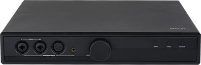 Preamplificator pentru căști high-fidelity Prelude negru, vedere din față, 3 conectori XLR, 1 priză jack, 1 buton de volum, 3 butoane