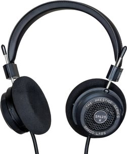 Åben hi-fi hovedtelefon Grado SR125x i sort, set forfra, med runde ørepuder i sort skum og hovedbøjle i sort læder