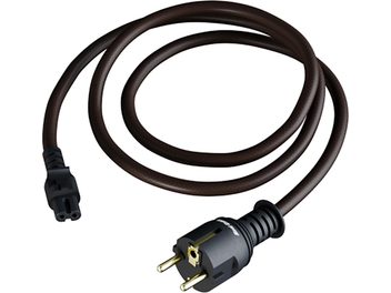 Napajalni kabel Real Cable PSKAP15, dolžine 1,5 m, z rjavo pleteno najlonsko oblogo, črn Schuko vtikač s pozlačenimi kontakti in črn C7 priključek na koncih, pogled od zgoraj