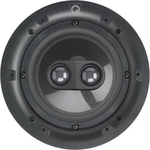 Q Acoustics Qi65CP ST indbygningshøjttaler sort set forfra, cirkulær plastikramme, flettet kompositmembran og dobbelt centermellemtone-tweeter
