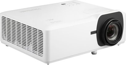Projektor LS901-4K, hvid rektangulær kasse, venstre sidegitter, fremtrædende sort objektiv til højre, justerbare fødder