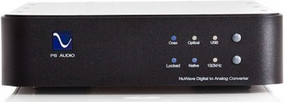 PS Audio NuWave DAC sort digital-til-analog-konverter, frontvisning med knapper og blå lysende indikatorer
