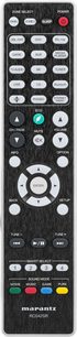 Czarny pilot Marantz RC042SR, widok z przodu, z wielokolorowymi przyciskami i białymi napisami na czarnym, fakturowanym tle