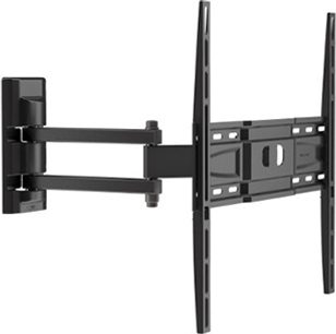 Černý kovový nástěnný držák na TV s otočným ramenem, výsuvným mechanismem a vertikálními nástěnnými úchyty, kompatibilní s plochými obrazovkami