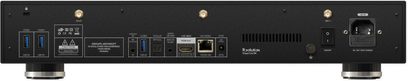 Lecteur multimédia R_volution Player One 8K noir, face arrière, ports USB et HDMI, boutons de contrôle, prise secteur